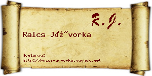 Raics Jávorka névjegykártya